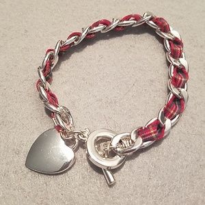 Silver Tone Macy's Plaid Red Cloth Weave Bracelet